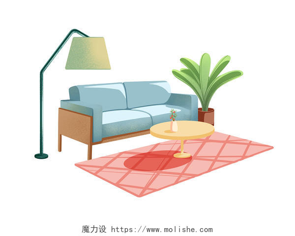 手绘粉蓝色调家居沙发茶几台灯地毯小清新家具组合家居元素